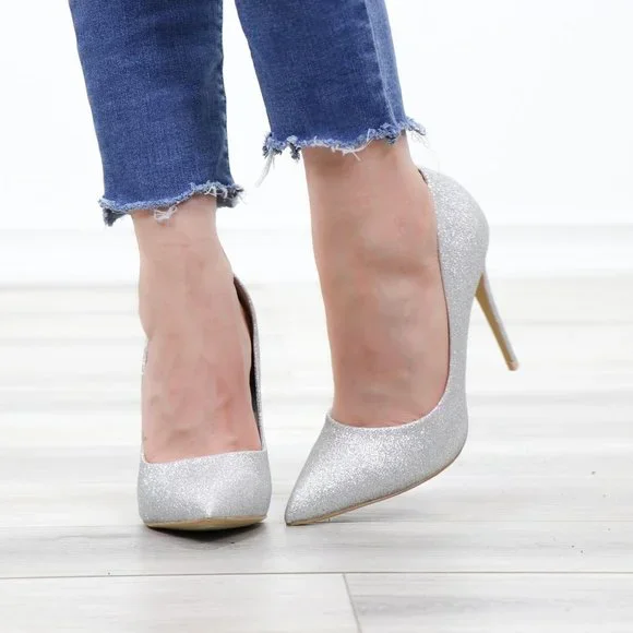 Pointed Silver Glitter Shimmery Dressy Party High Heels - Picture 11 of 15